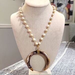 DBD Signature Long Beaded Necklace with wooden antler - Cream 30"